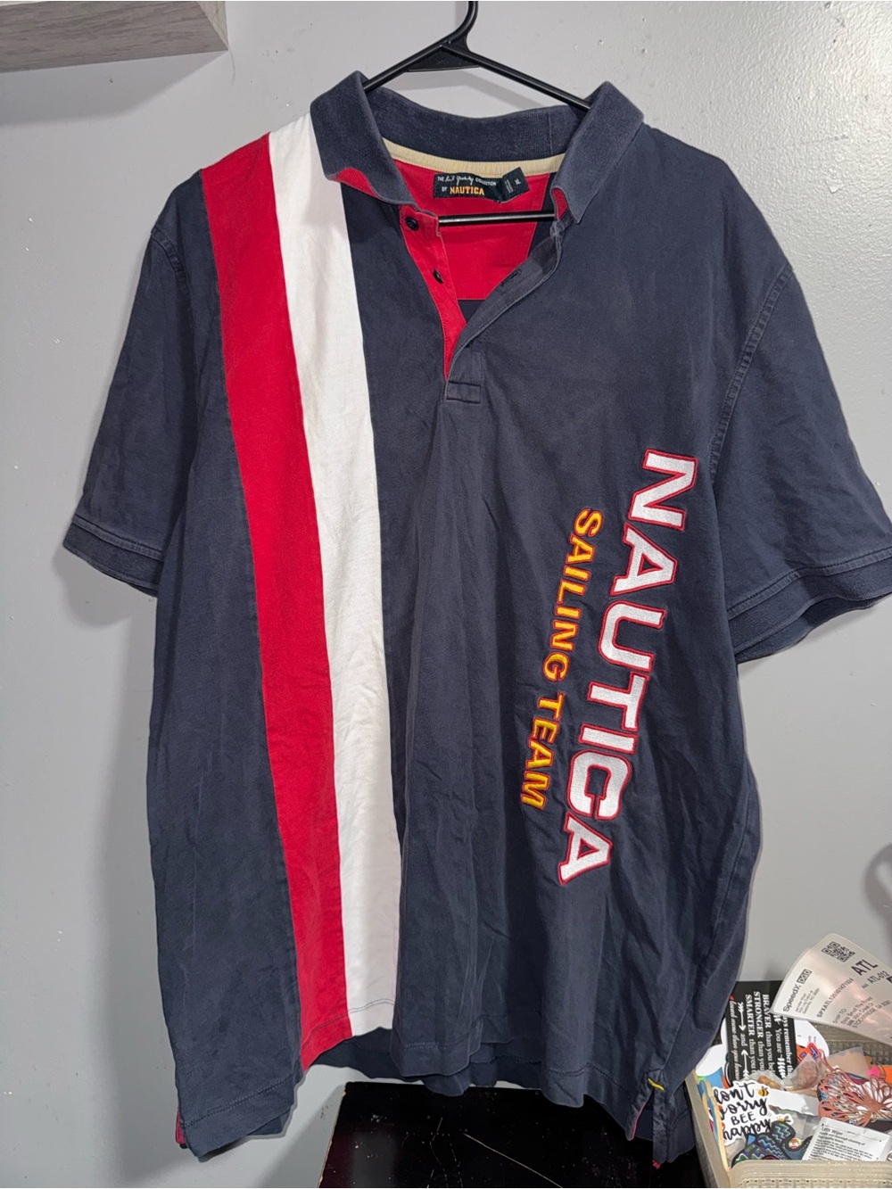 Vintage Nautica Navy Polo with Red and White Racing Stripes